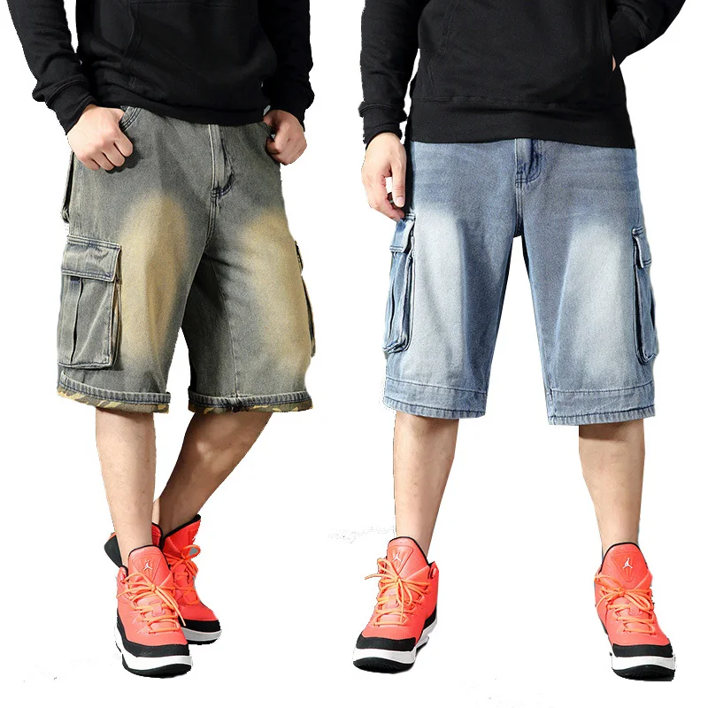 Men's Denim Shorts Summer Loose Multi-pocket Denim Shorts Men's Plus Size Hip Hop Cropped Pants