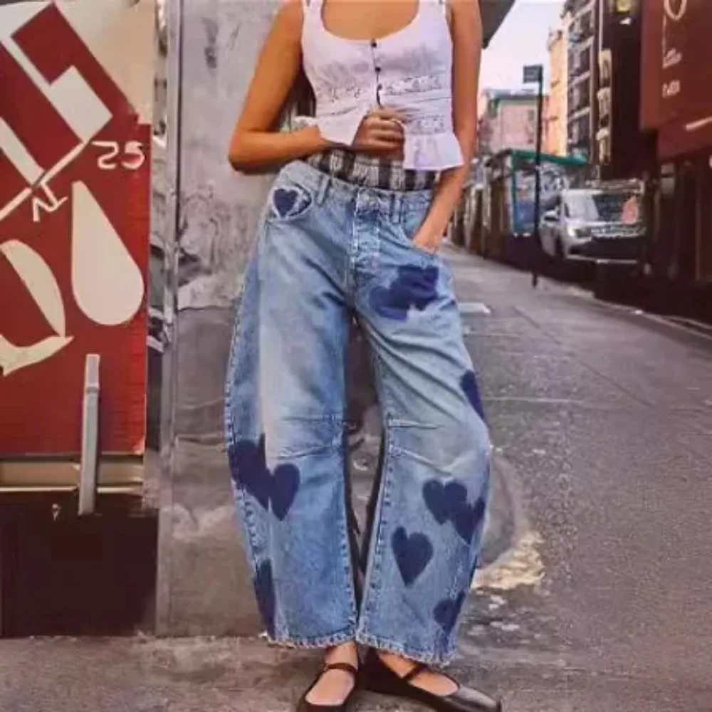 Jeans Women Print Long Pants Loose Denim Blue Hip-hop Heart Mid Waist Wide Leg Pant Trousers Pocket Button Y2k Splice Streetwear