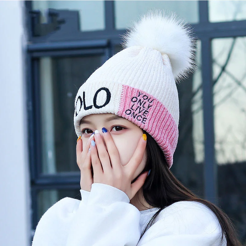 Women Winter Warm Knitted Beanie, Thickened Fleece Lined Casual Korean Style Cap Wholesale