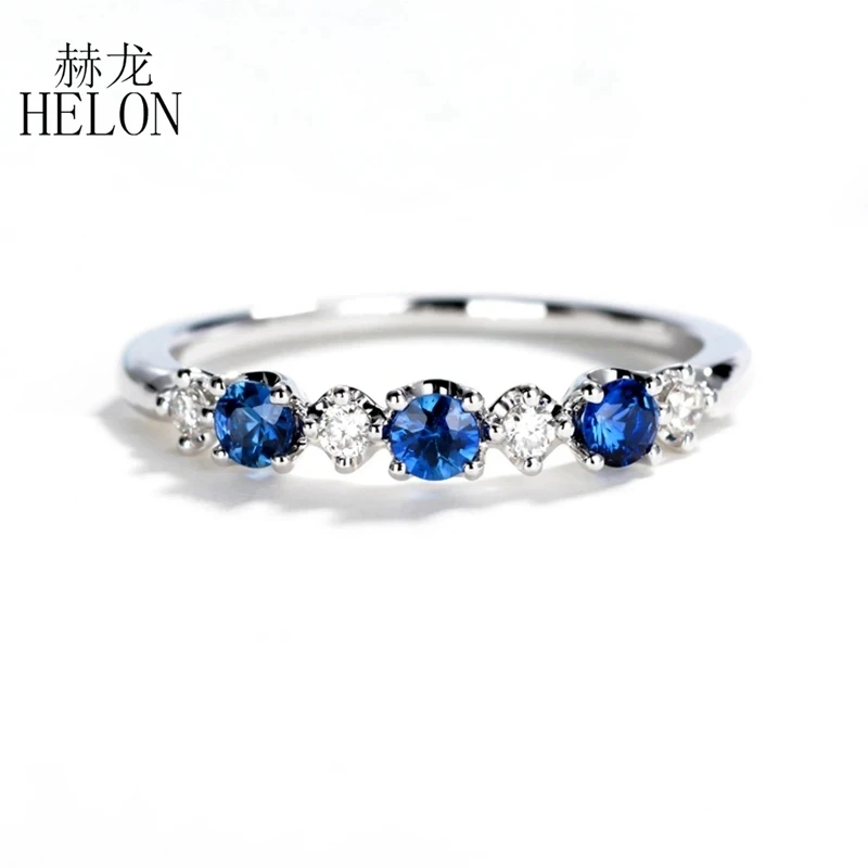 HELON Solid 14K White Gold Genuine Sapphire Diamonds Engagement Ring For Women's Diamond Classic Fashion Band Jewelry Perfect