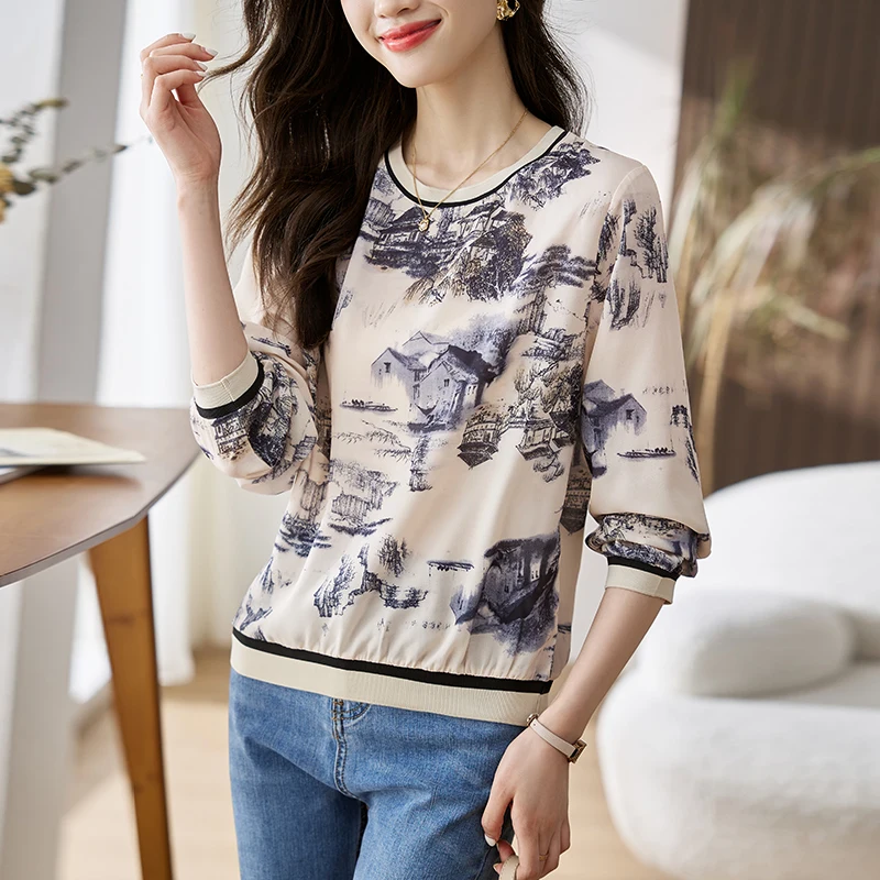 Lose Lange Sve runde Ne Gedruckt T-shirt frauen Slim Fit Casual Sle Herbst Winter Neue Ankunft Faion Top