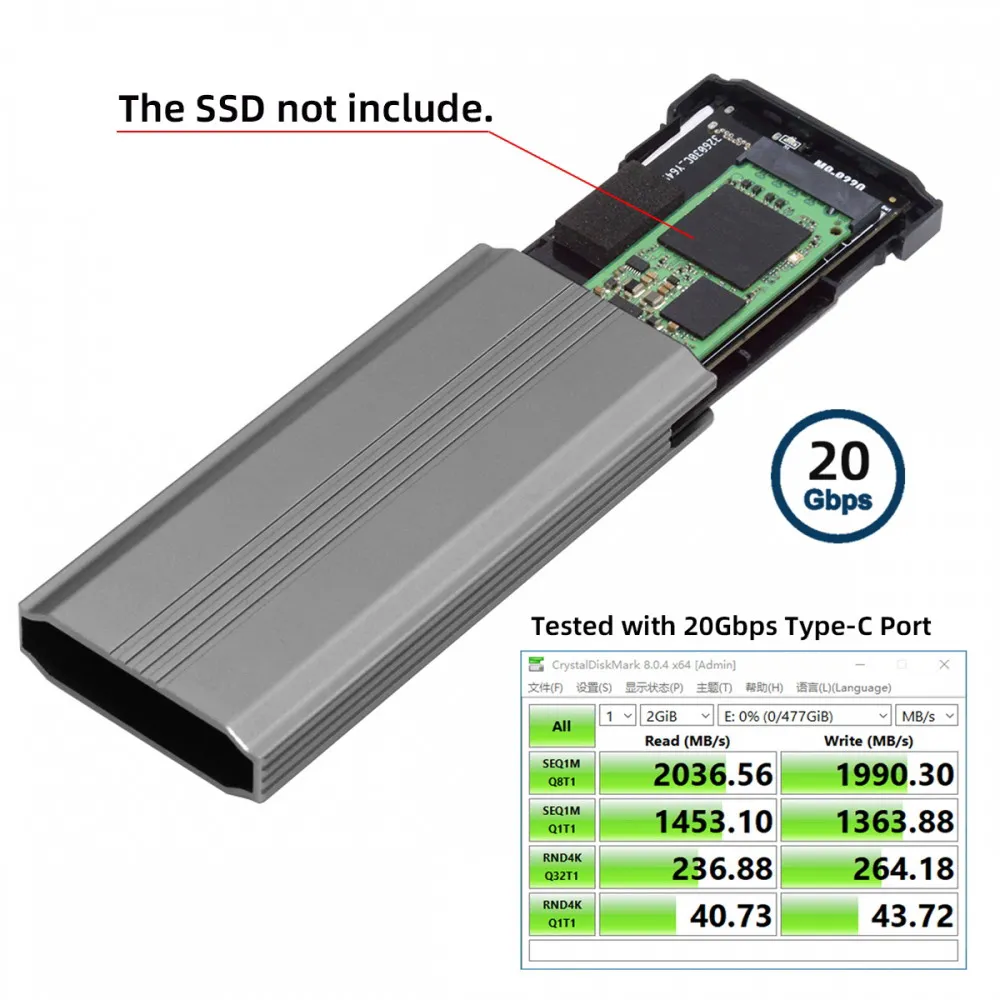 Hard Drive Adapters M.2 NGFF NVME M-key SATA SSD to Type-C USB3.2 20Gbps PCBA Enclosure Support 2280/2242/2260mm RTL9220