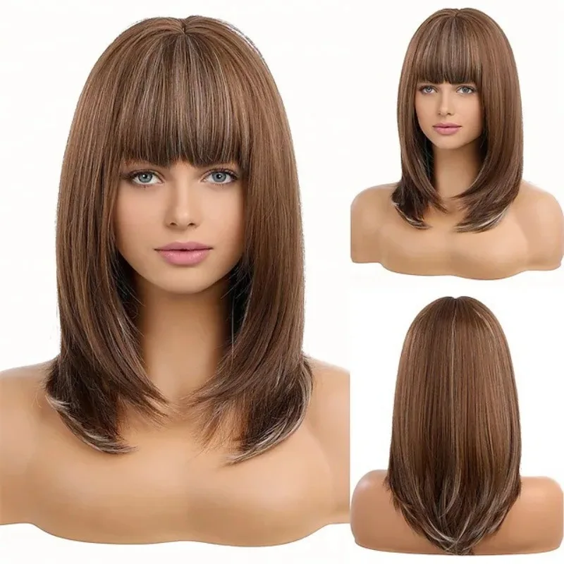 13 polegada ouro marrom mulher cabelo longo moda peruca reta uso diário de alta temperatura seda simulado cabelo festival festa bola perucas