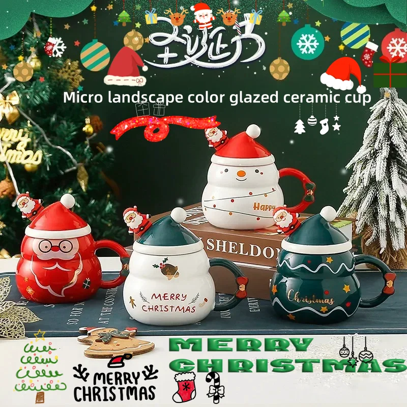 

Christmas Mug Decoration Set Drinkware Party Decoration Coffee Cup With Lid Spoon Cartoon Cute Ceramic Mug Tea Cup New Year Gift