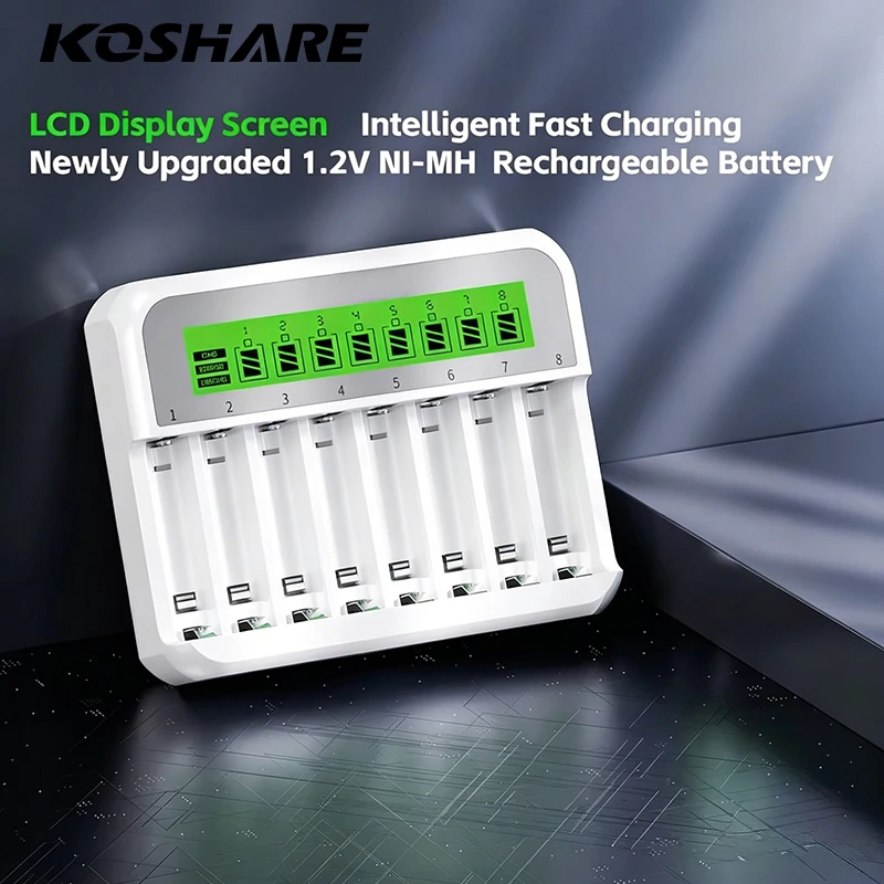 KOSHARE Chargeur de batteries rechargeables Ni-MH 1,2 V à 8 emplacements AA/AAA avec écran LCD intelligent et entrée Type-C pour une charge rapide