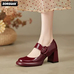 8cm Mary Jane Heels Red Women Pointed Toe Pumps Genuine Cow Leather Shoes Thick Heels Office Pumps Woman Party Wedding Shoes