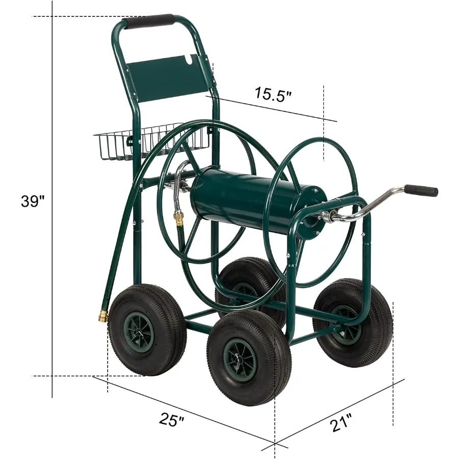 รถเข็นเก็บสายยางรดน้ำแบบพกพา 4 ล้อ พร้อมระบบนำสายยางและตะกร้าเก็บของ สำหรับใช้ในบ้าน ดีไซน์ทนสนิม