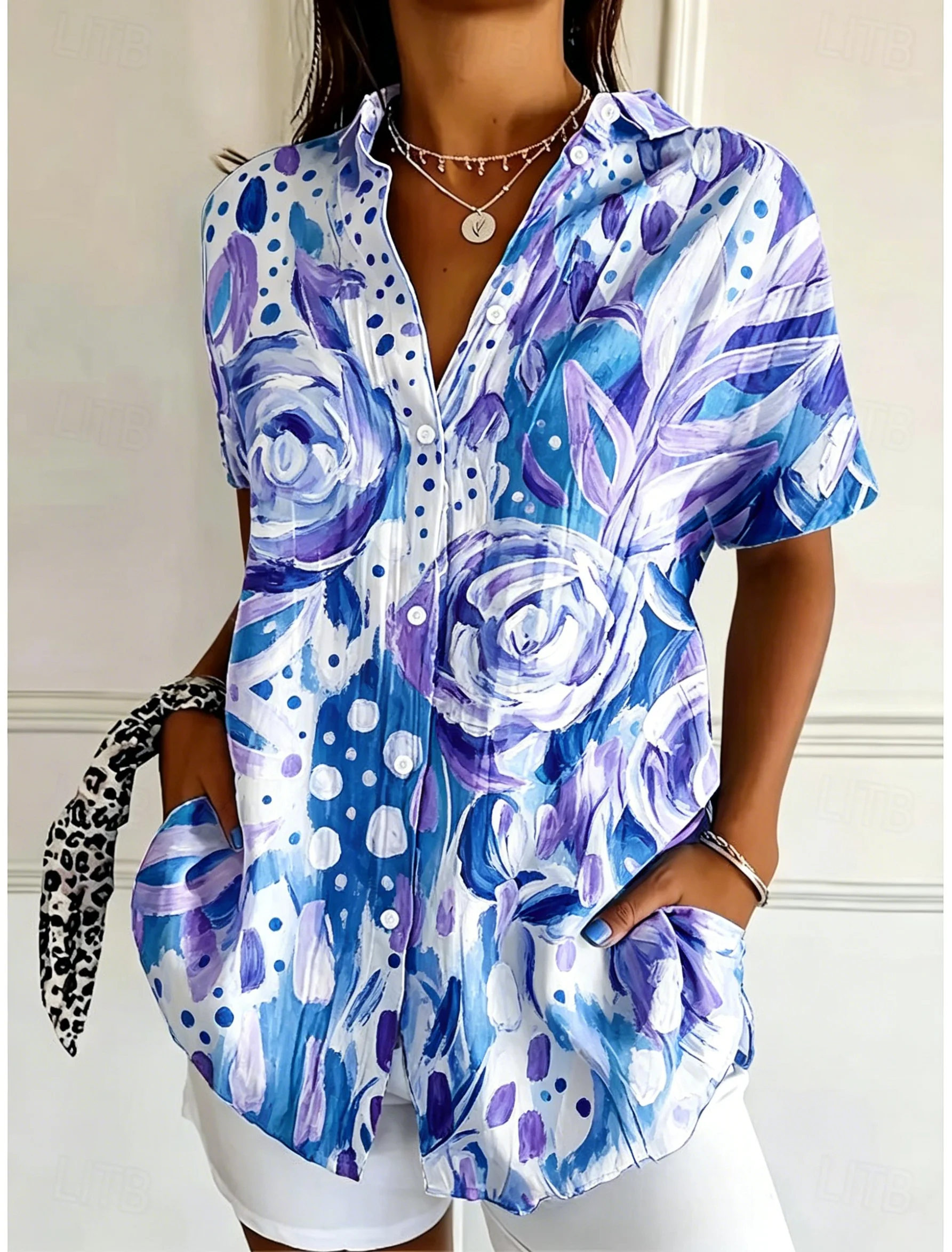 

Women's Short Sleeve Watercolor Rose Print Button Down Casual Shirt Elegant Daily Blouse Tops in Blue Purple for Spring Summer