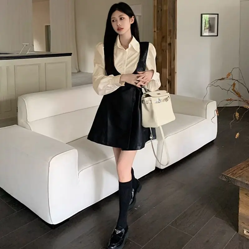 2024 Spring and Autumn Women's Fashion Shirt Backband PU Leather Skirt 2-piece Set