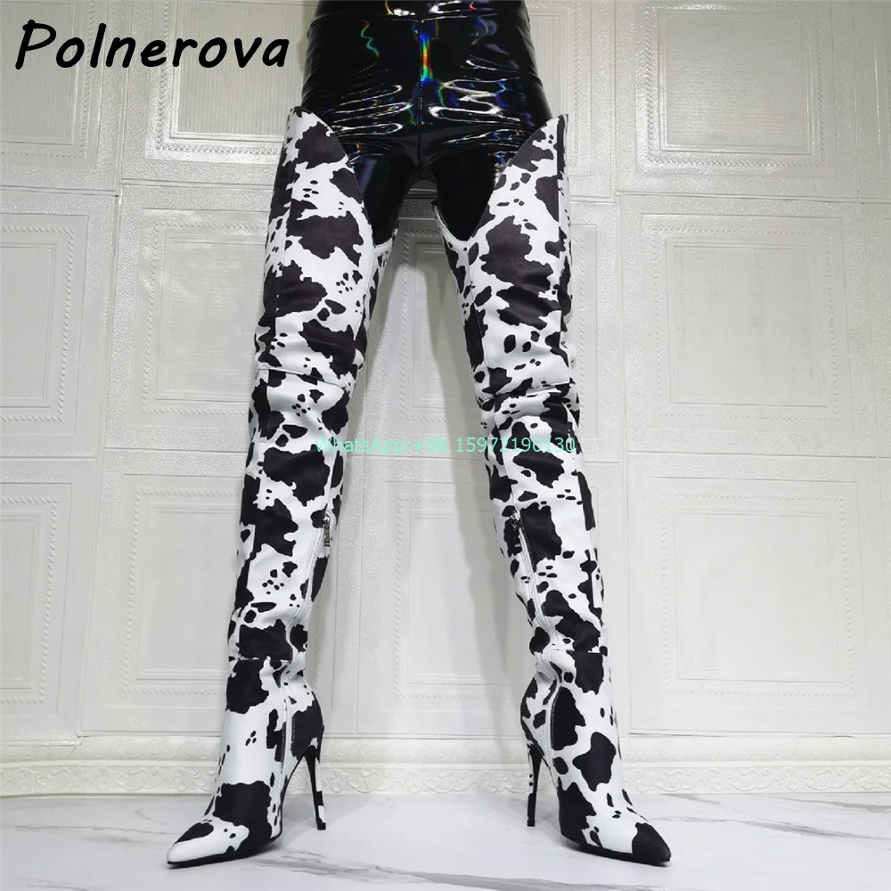 Cow Pattern Long Boots Pointy Toe Thin Heels Zipper Tight High Shoes Large Size Hotties Sexy Fashion Runway Stiletto Boots