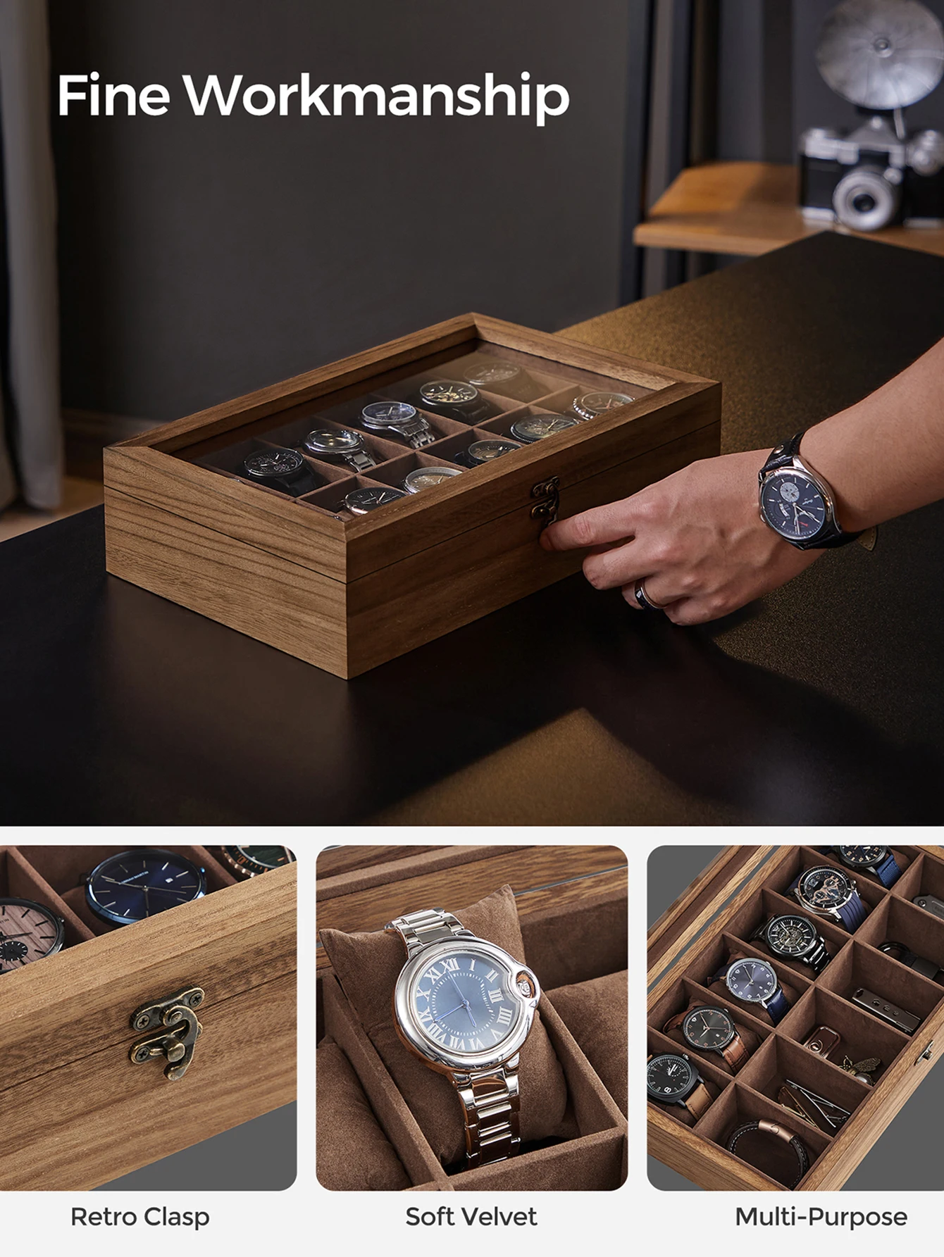 SONGMICS 12-Slot Wood Watch Box - Watch Case, Watch Box Organizer With Large Glass Lid, Watch Display Case With Removable Pil