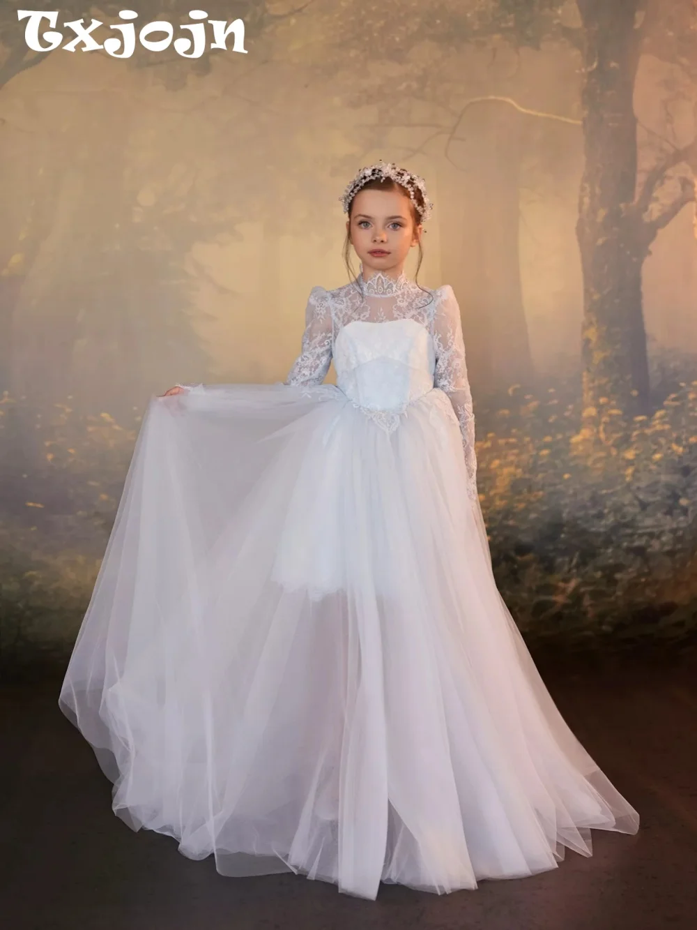 2 in 1 Girls Lace Dresses For Stage Performance Elegant High Collar Long Sleeve Kids Princess Gown Communion Dress 2-14Y