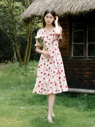 DUSHU 100% Cotton Women's French V-neck Romantic Dress Fresh Energetic Summer Vacation Style Floral Casual Dress 24DS82553