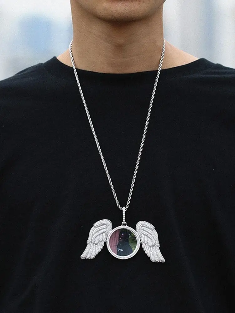 Angel Wings Medallions Custom Photo Pendant Necklace Hip Hop Jewelry Iced Out Pendant Free Custom Engraved Name Memory Gift Men