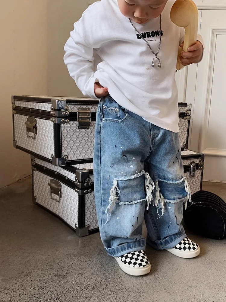 Handsome Children Wide-Leg Pants Boys Loose Trousers Spring Autumn Fashionable streetwear Boys Denim Jeans 2-8 Years Kids Jeans