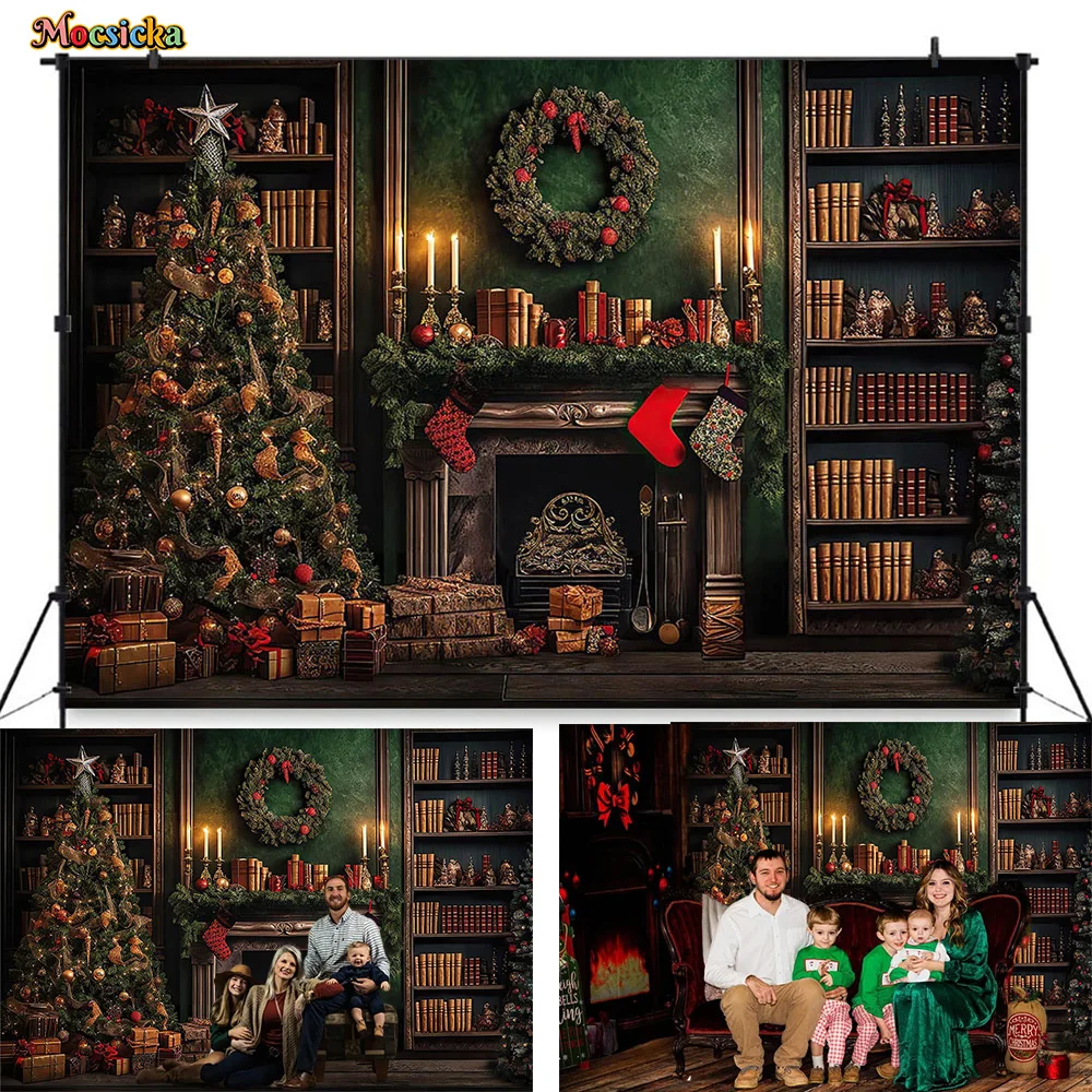 Christmas Fireplace Photography Background Decor Vintage Green Bookshelf Xmas Tree Garland Backdrop Warm Room Home Photo Studio