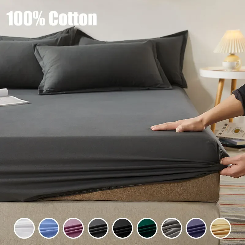 Fitted Bed Sheet with Elastic Band Solid Color Mattress Covers Protector for Single Double King Bed 100% Cotton 150/160/180x200