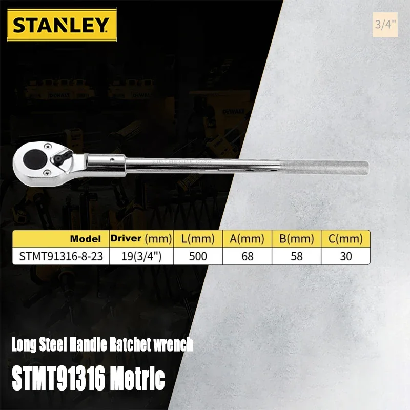 Stanley STMT91316 3/4inch Long Steel Handle Ratchet Wrench Adjustable Angle Professional CR-V for Mechanic