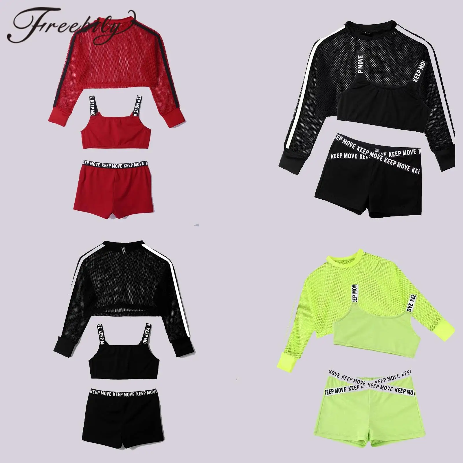 

6-16 Kids Girls Tracksuit Outfit Sport Suit Fishnet Cover Up Tops Shorts Set for Running Modern Dance Gym Yoga Workout 3Pcs