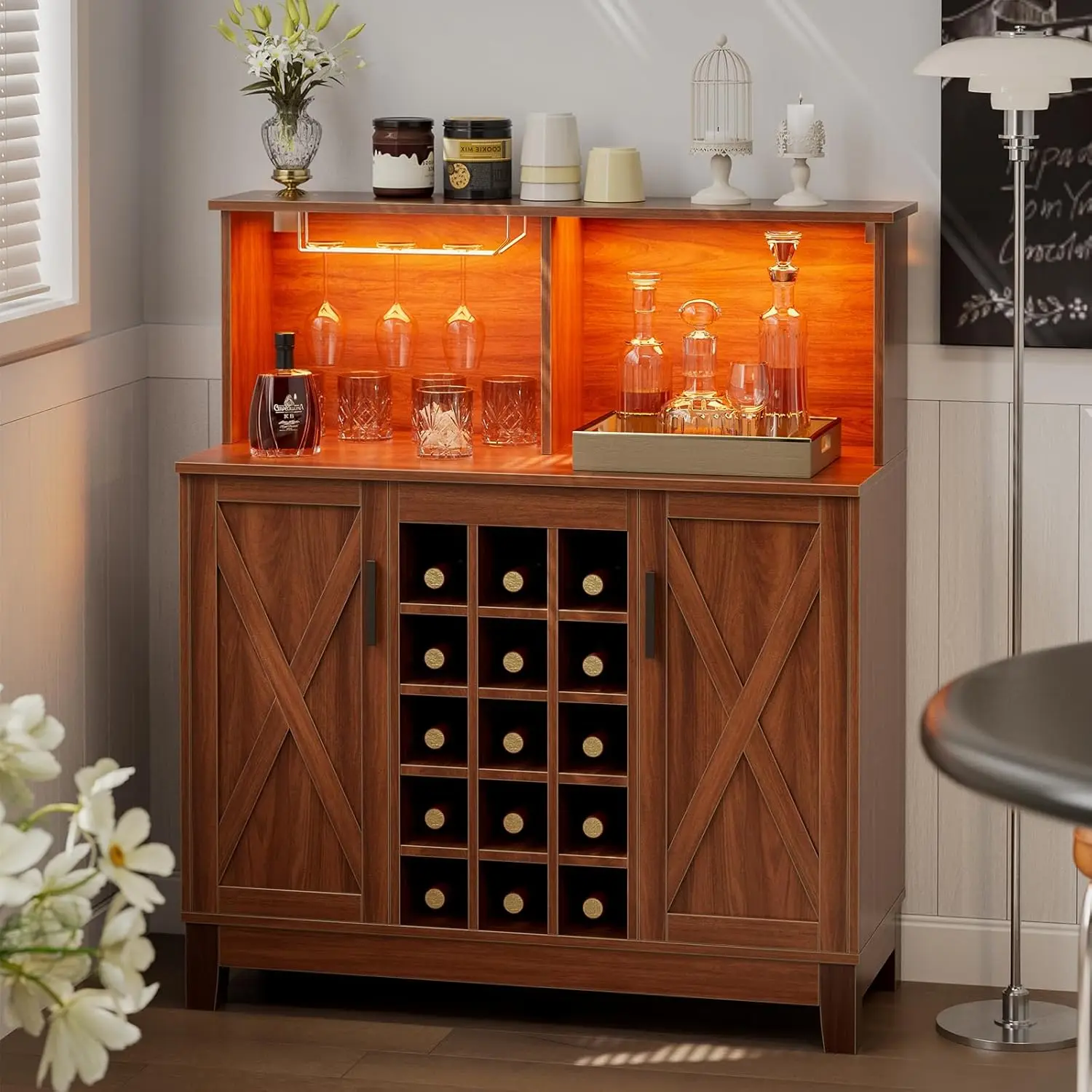 

Farmhouse Coffee Bar Cabinet With Led Lights, 39"" Wine Bar Cabinet With 2 Doors & Wine And Glass Rack, Kitchen Buffet Cabinet