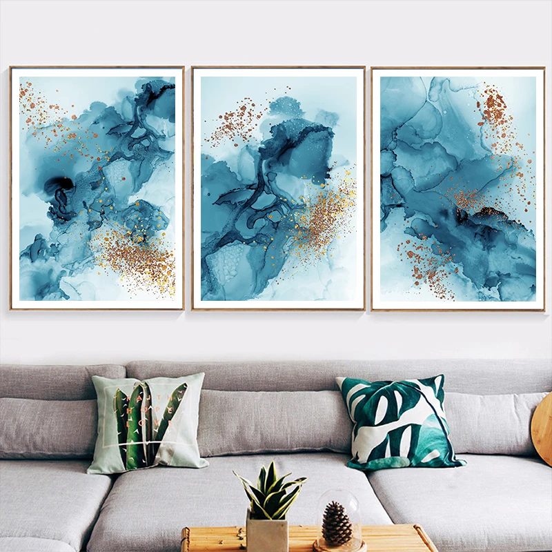 Set Of 3 Teal Blue Gold Foil Alcohol Ink Abstract Canvas Wall Art Modern Fluid Painting Print For Living Room Home Decor