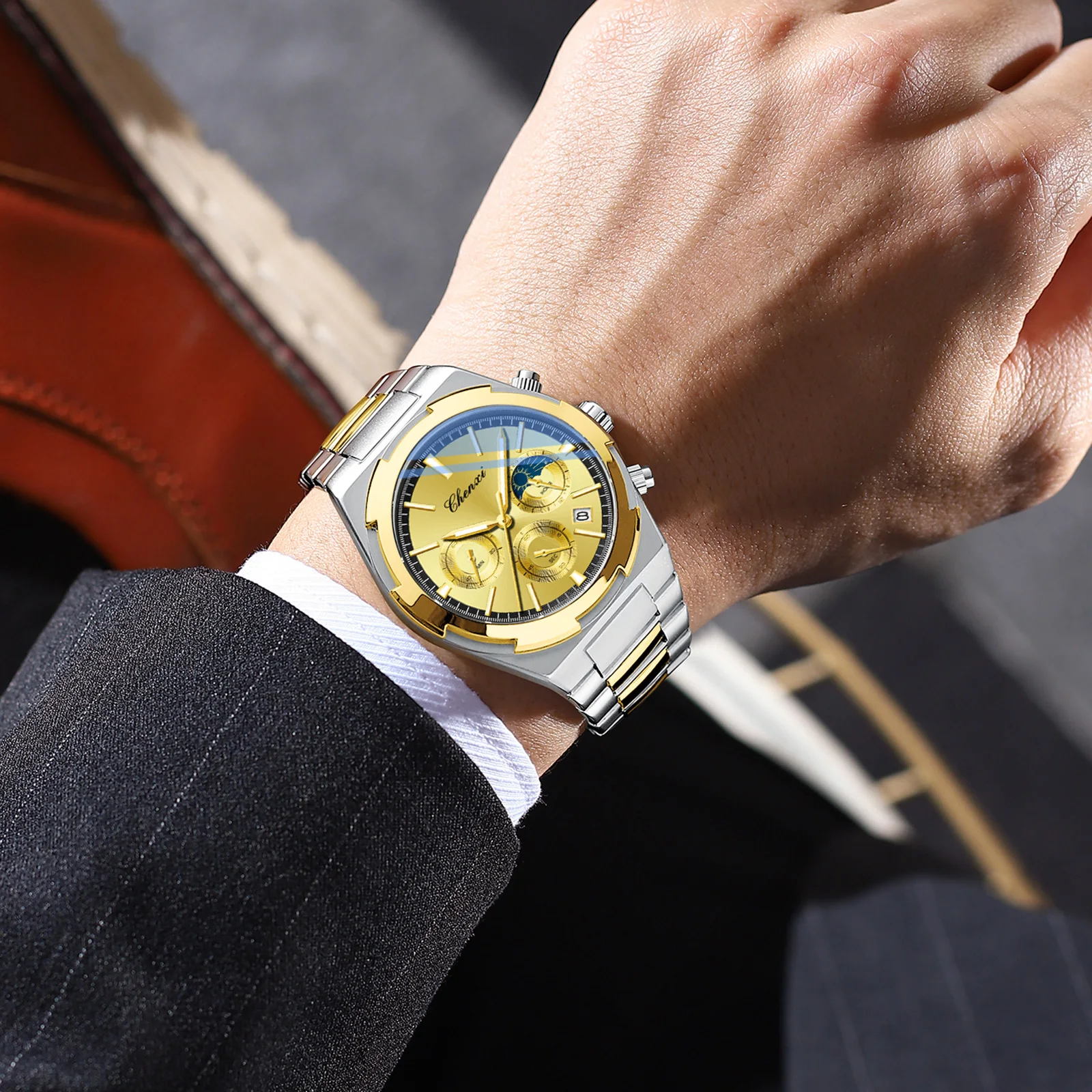 Luxury Men's Business Watches Stainless Steel Calendar Chronograph Fashion Sports Quartz Watch CHENXI Man Gold Wristwatch