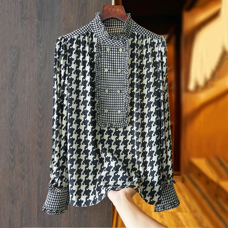 Vintage houndstooth camisa feminina primavera outono gola manga longa chiffon blusa elegante escritório senhora topos blusas mujer