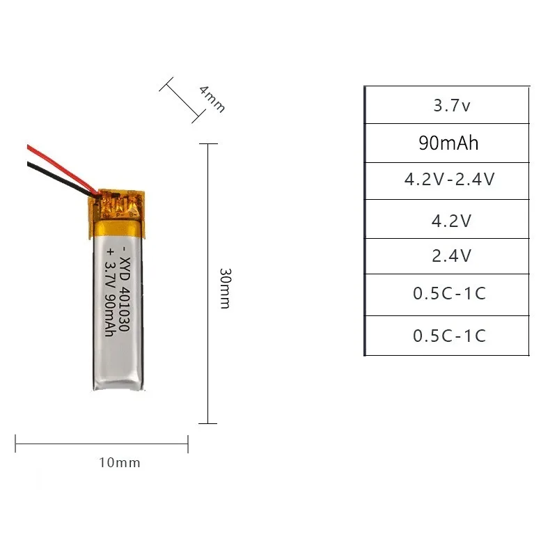 3.7V 90mAh 401030 Lithium Polymer Lipo Rechargeable Battery for GPS MP3 MP4 Bluetooth Headset Video Pen Camera