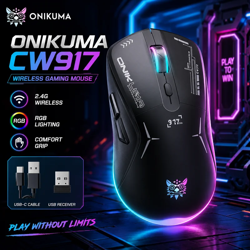 Onikuma CW917 Wireless Gaming Mouse with 6400 DPI, 7 Programmable Buttons, 7 RGB Modes & Ergonomic Design for PC Gamers.