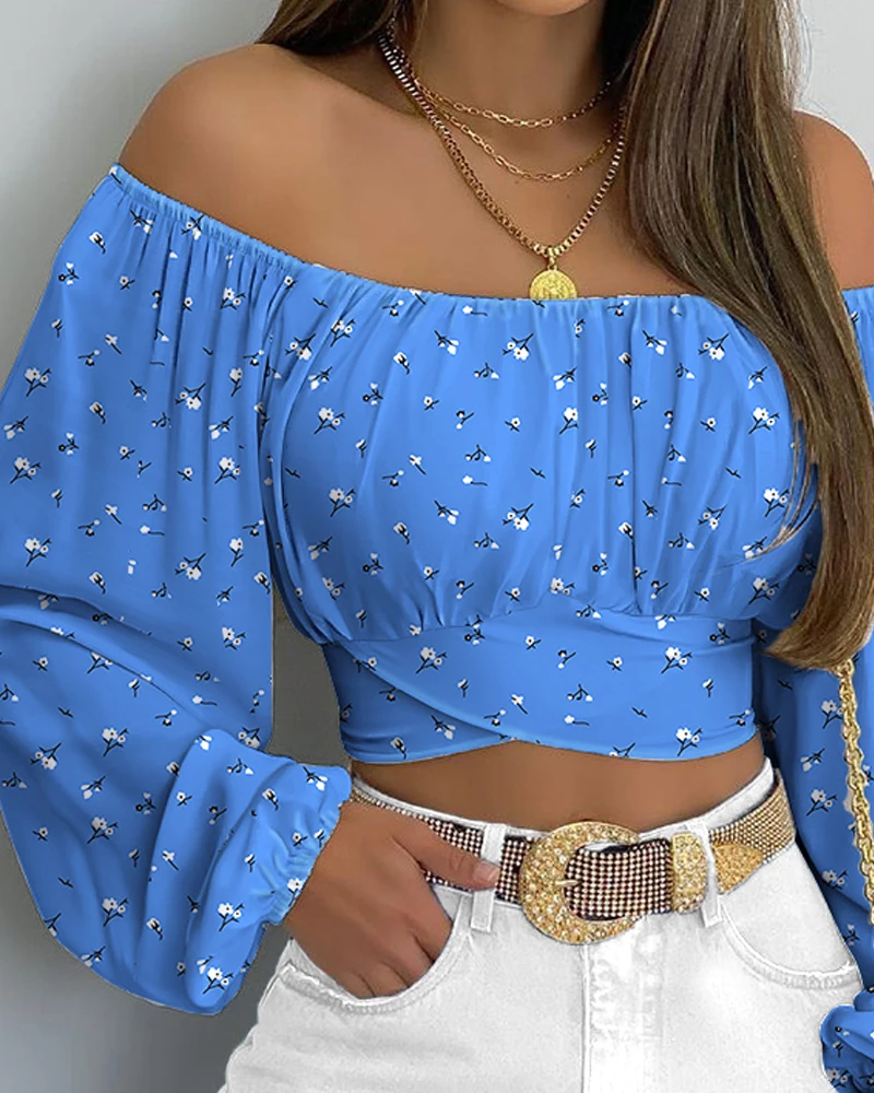 Autumn Women Print Crossed Tied Back Crop Top 2021 Femme Casual Off Shoulder Ruched Lantern Sleeve Blouse Y2k Lady Outfits