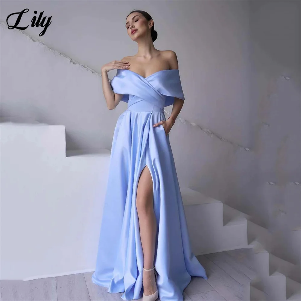 

Lily Blue Elegant Prom Dress Off The Shoulder Corset Evening Dresses Satin Side High Split Bridesmaid Dress for Woman Customized