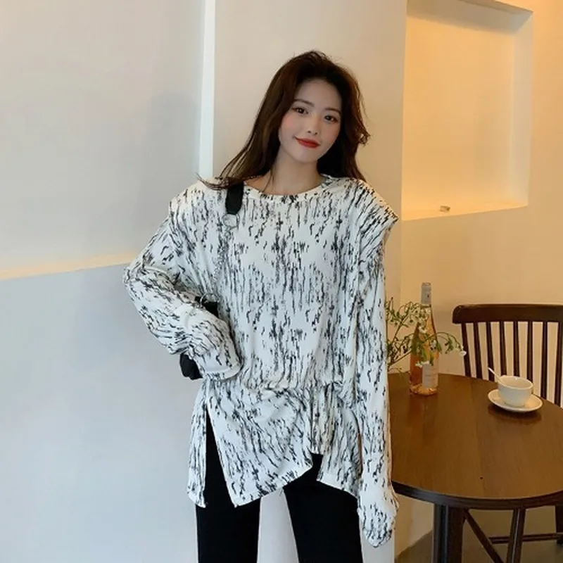 2024 Spring Fall New Korean Women Round Neck Tops Slit Ink White Printing Base Shirt T-shirt Female Long Sleeve Harajuku Tshirt