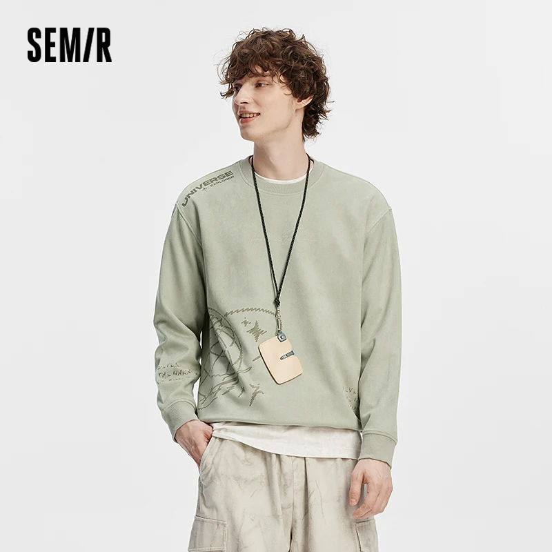 Semir Men Sweatshirt Suede Feel Print Crew Neck Knit Pullover Slight Loose Casual Style Autumn Top Daily Wear 2026