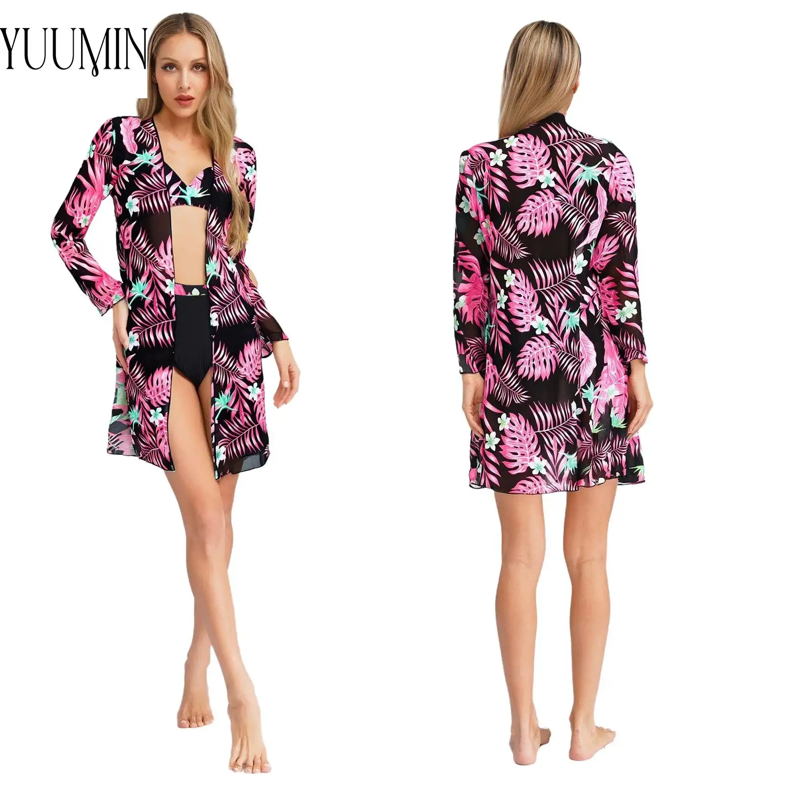 

2025 Womens Three Pieces Swimsuit Underwired Padded Bikini Set with Chiffon Cover-up Tropical Print Swimwear Beach Bathing Suits