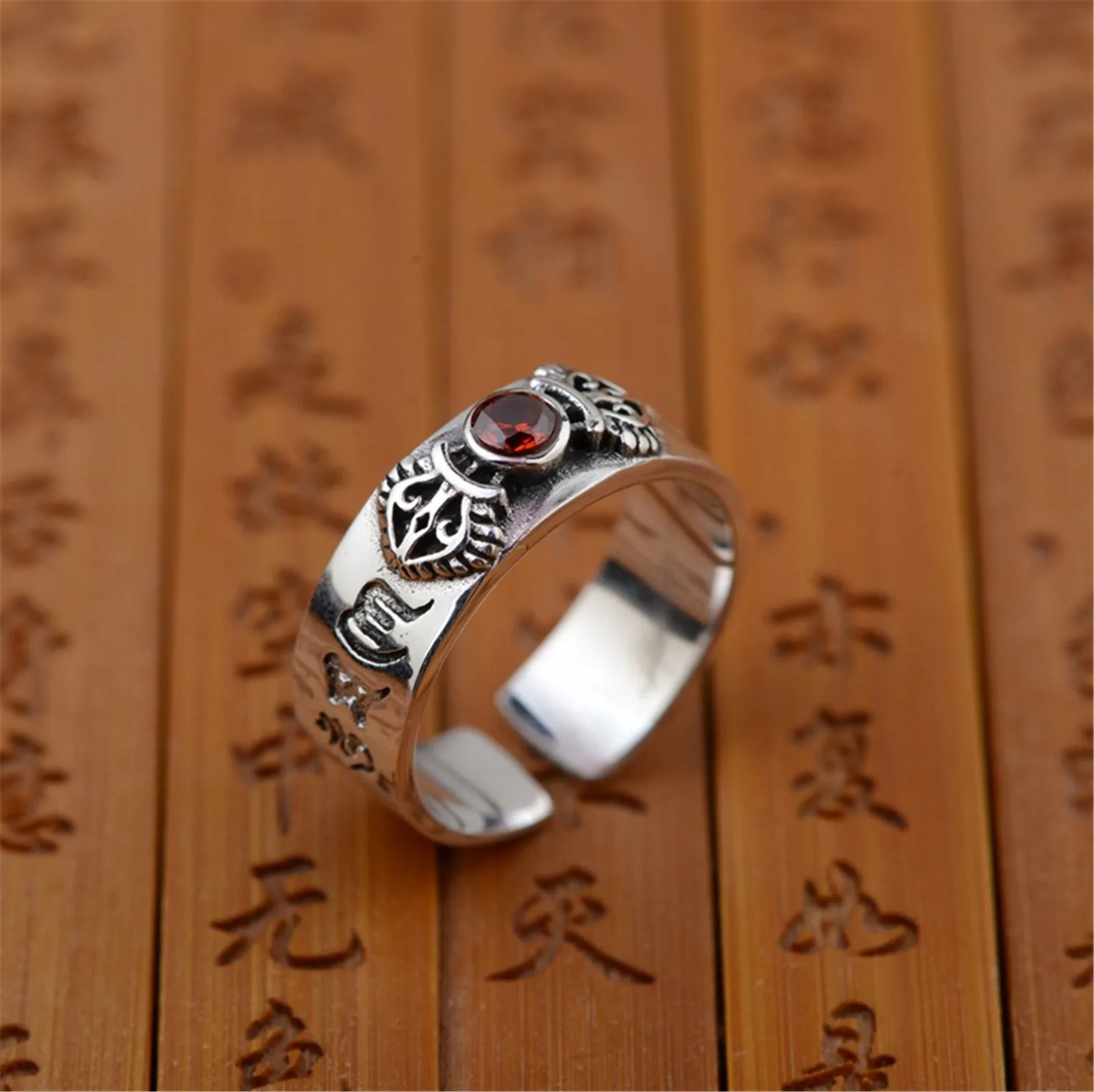 Sterling Silver 925 Dorje Vajra Open Ring with Red Zircon Stone Om Mani Padmei Hum Hinduism Buddhism Religious Style Jewelry