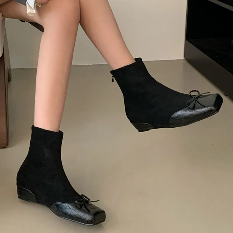 Fashion Square Toe Flat Wedges Heels Boots Women Elegant Chelsea 2024 Autumn Winter Ankle Booties Female Elasticity Ladies Shoes