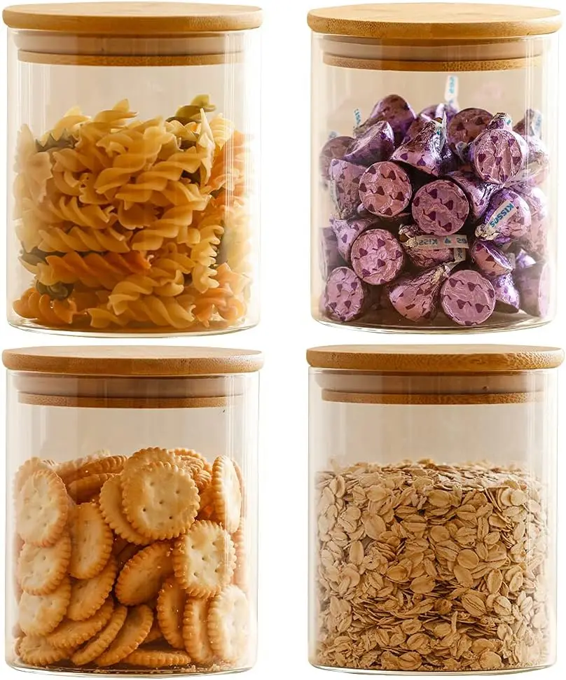 Glass Food Storage Jars Containers with Airtight Bamboo Lids Set of 4 Kitchen Glass Canisters