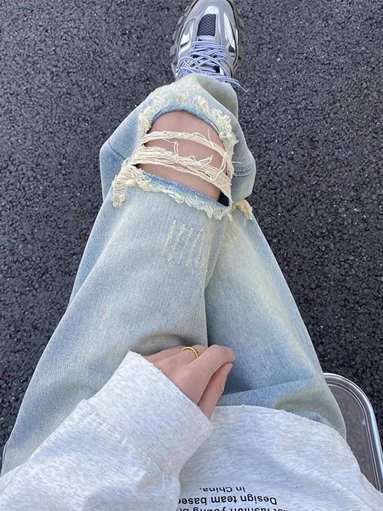 

Light Blue American Retro Vibe Men's Jeans High Waist Torn Baggy Straight Leg Micro Flared Pants Youth Trendy Wear Resistant