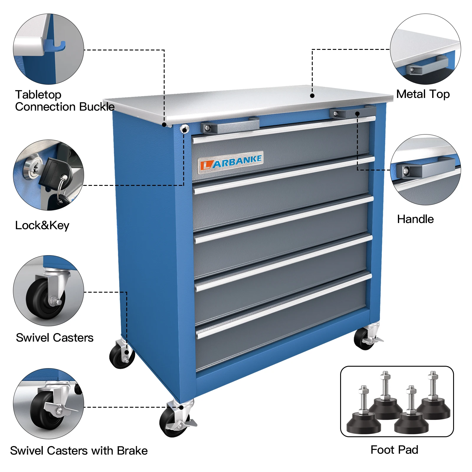 Coffre à outils 5-MELRolling, armoire à outils en métal verrouillable avec MELLiners, polymères de coton non aldé, roues à 360 ° pour un déplacement facile