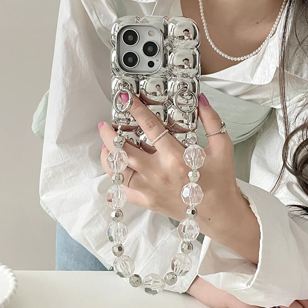 Luxury Plating Silver Crossbody Chain Lanyard 3D Egg Puffs Lattice Folds Phone Case For iPhone 14 13 11 12 Pro Max Bumper Cover