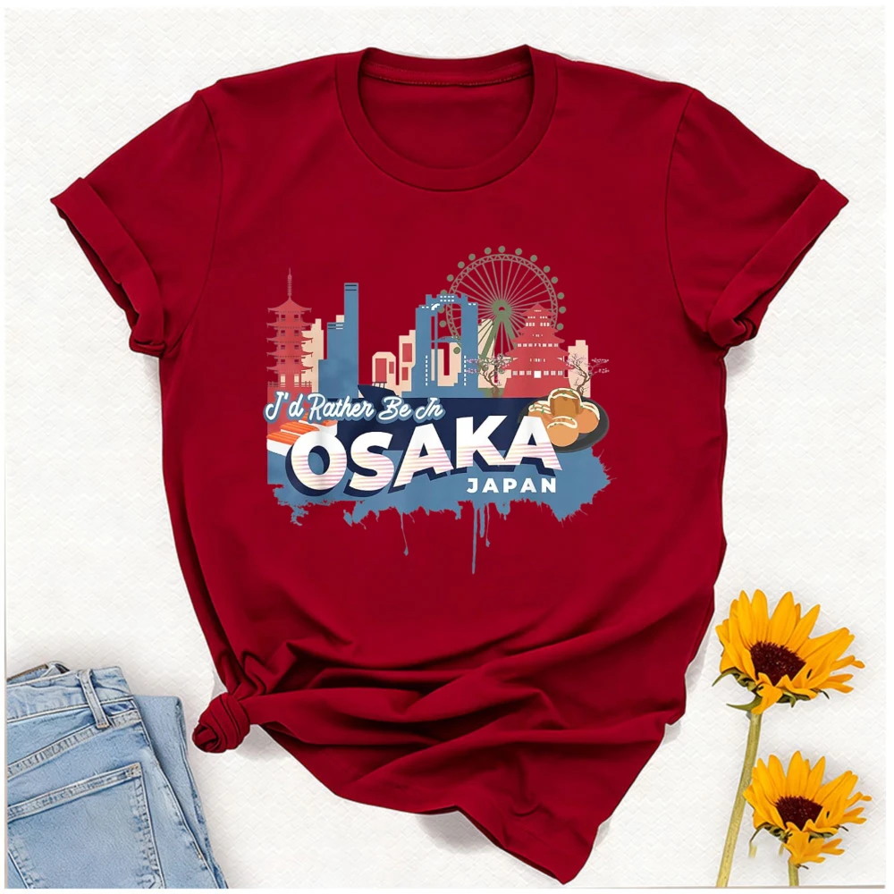 OSAKA Japan City Skyline Pagoda Ferris Wheel Watercolor Print Women Cotton T Shirt Japanese Travel Vacation Souvenir Casual Tops - view 6