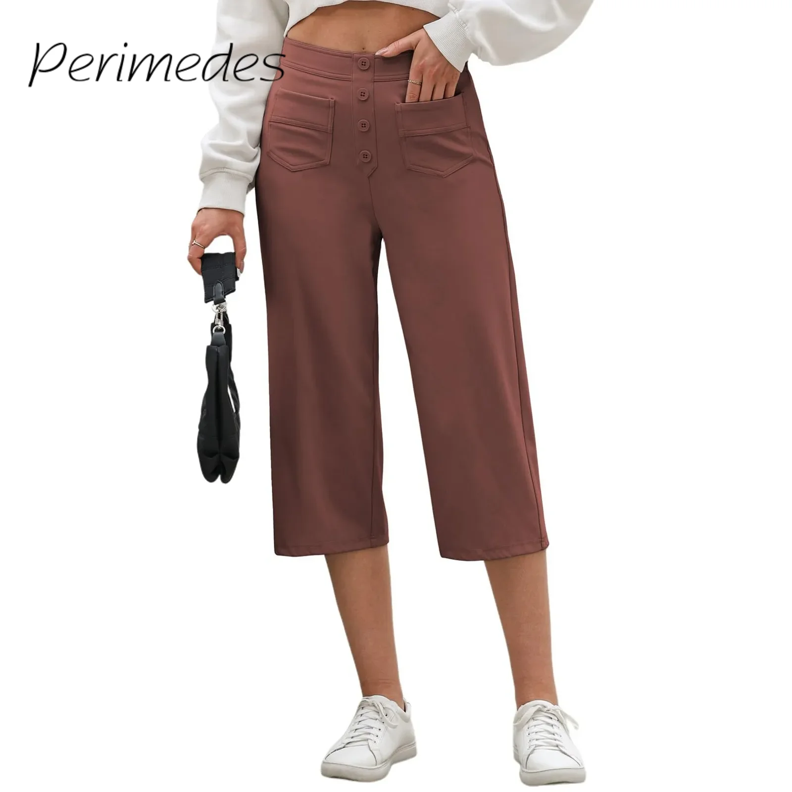 Women'S Casual Cropped Pants Button With Front Pockets Stylish Pants 2024 Summer New Fashionable Solid Color Sport Pants