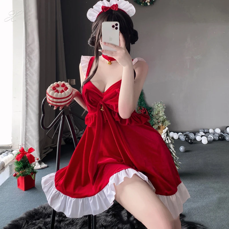 女性のためのセクシーなクリスマスドレス、コスプレメイドスカート、ハロウィーンの衣装、ブラの一時停止された帽子セット、女性の赤い服