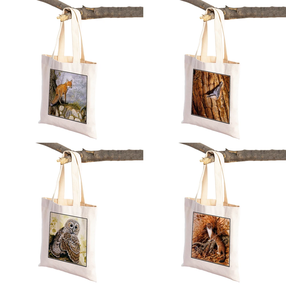 Watercolor Fox Bird Squirrel Women Shopping Bags Handbag Eco Canvas European Sexy Lady Tote Casual Supermarket Shopper Bag