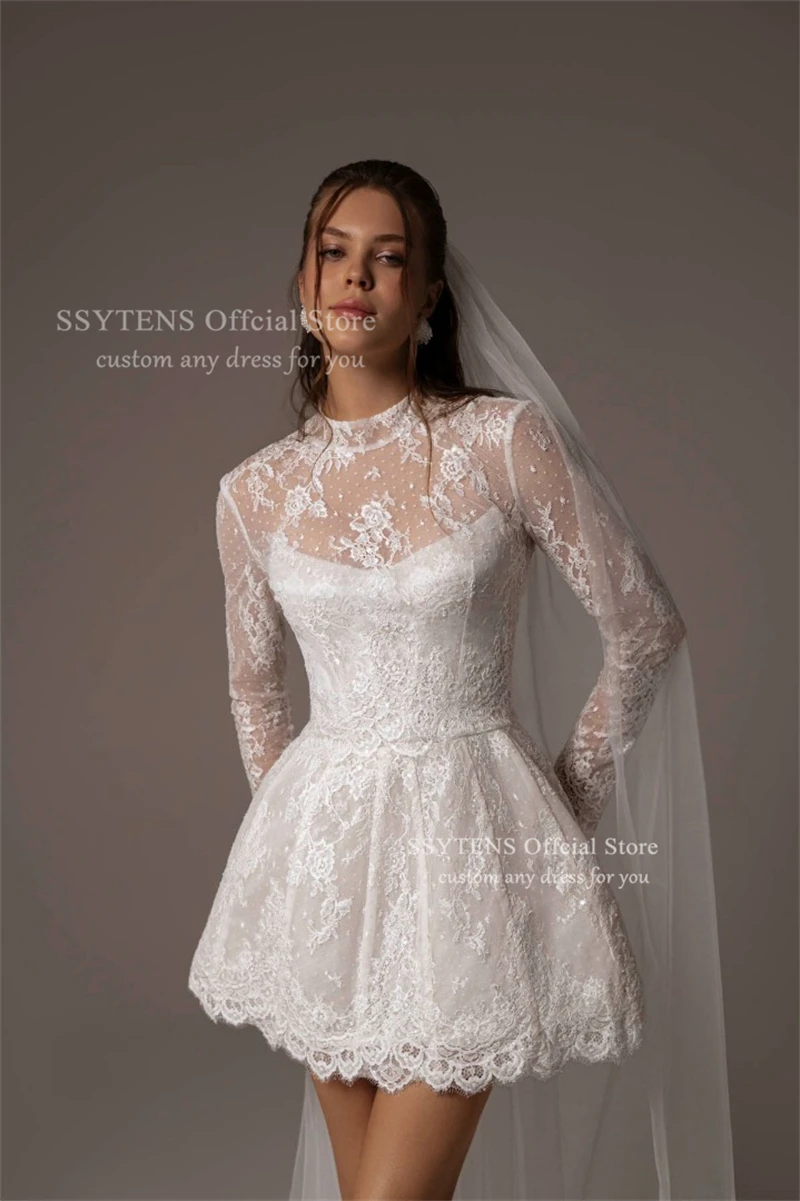 Sukienki ślubne cywilne SSYTENS z wysokim dekoltem, krótkie, w kształcie litery A, mini, sukienki na przyjęcia, iluzoryczne aplikacje, sukienki na powrót do domu, szyte na miarę