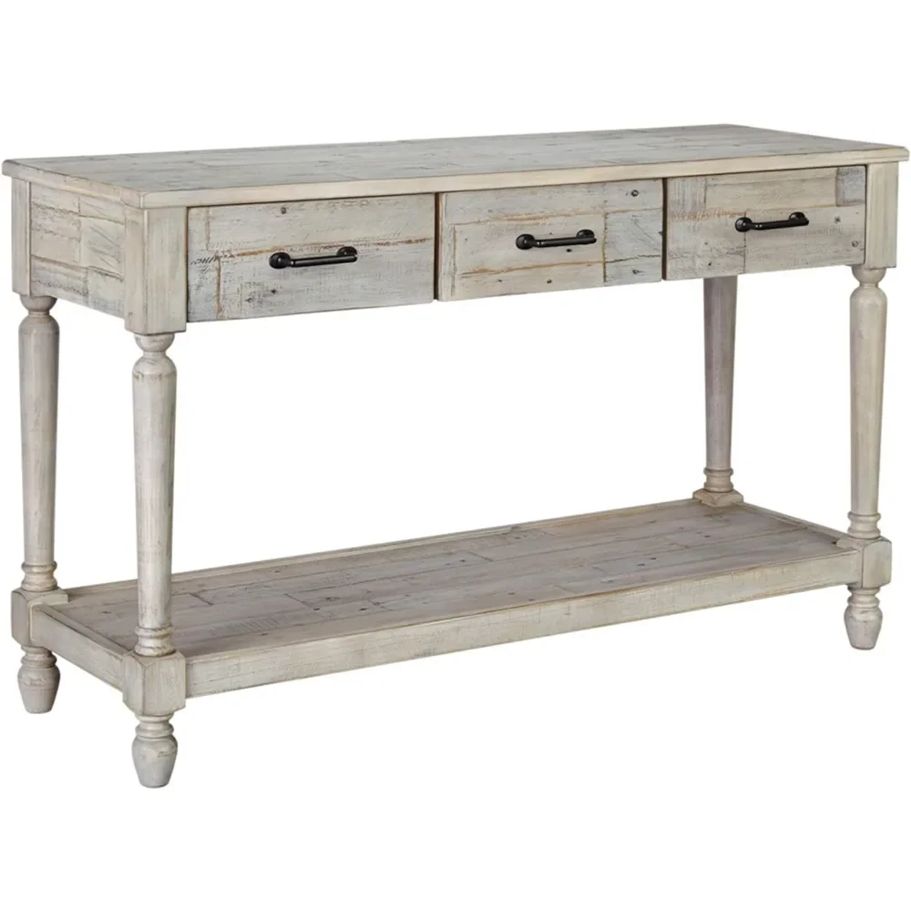 Farmhouse Solid Pine Wood Sofa Console Table, Whitewash