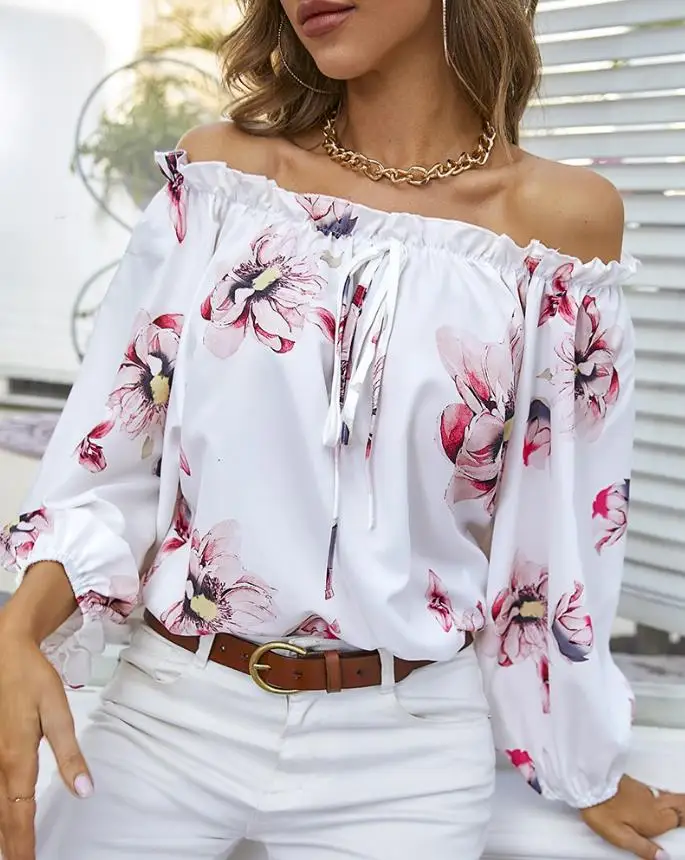 

Fashion Floral Print Off Shoulder Frill Hem Top Casual Chic Lantern Sleeve Tied Detail Daily Summer Women's T-Shirt