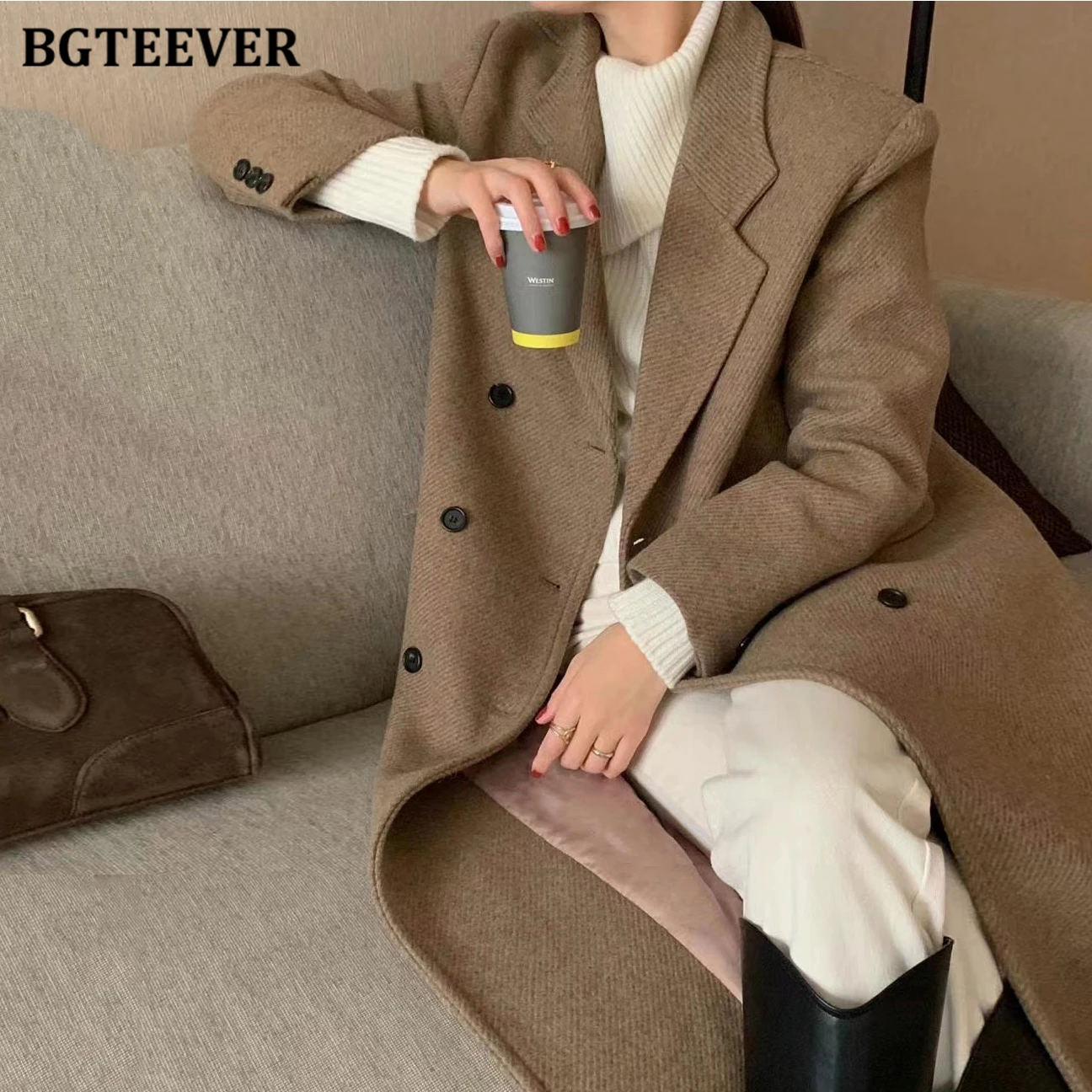 

BGTEEVER Vintage Notched Collar Thicken Warm Woolen Coats for Women Elegant Full Sleeve Double Breasted Ladies Blend Coats