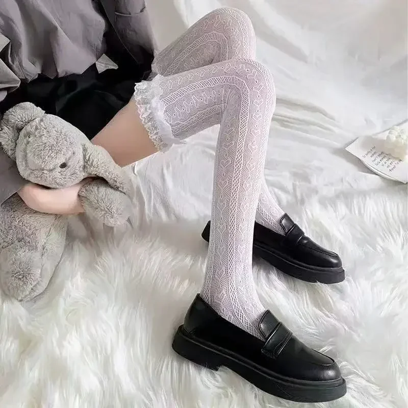 Women Lolita Fishnet Thigh High Socks Japanese Style Heart Striped Lace Patterned Over Knee Long Stockings Ruffled Frilly Kawaii