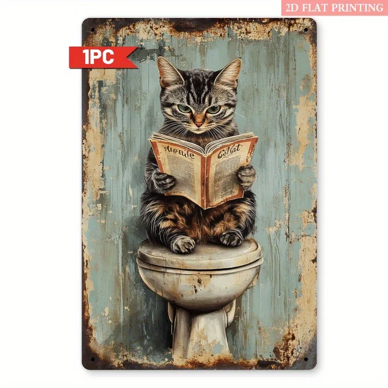 Humorous Cat Reading on Toilet Metal Wall Art -   Vintage Iron Sign with Rustic Blue & Green Design, Perfect for Bathroom, Lau